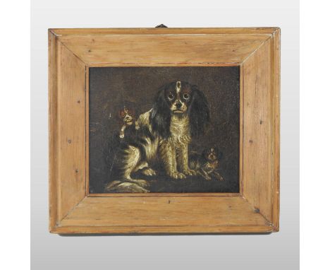 English School, (circa 1800), portrait of a King Charles spaniel, with puppies, oil on board, 17 x 21cm