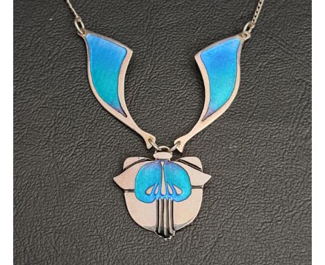 PAT CHENEY ENAMEL DECORATED SILVER NECKLACEthe central enamel section with motif decoration, below two further enamel decorat
