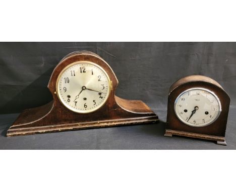 LARGE NAPOLEON HAT MANTEL CLOCKin mahogany finish, 54.5cm wide and 27cm high, alongside a 1950s Smiths Enfield mantel clock (