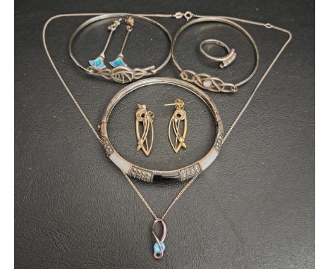 SELECTION OF SILVER JEWELLERYcomprising a pair of Ola Gorie drop earrings, a pair of blue enamel decorated drop earrings, a b