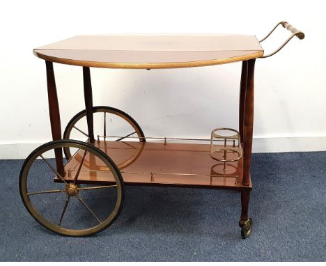 VINTAGE SORRENTO STYLE DRINKS TROLLEYthe plain top with drop leaf side and brass mounts, the lower shelf with brass rail and 