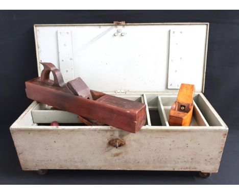 LARGE VINTAGE WOODEN TOOLBOX WITH  CONTENTSincluding a Alex Mathieson wooden plane, large plane stamped J Lair and further st