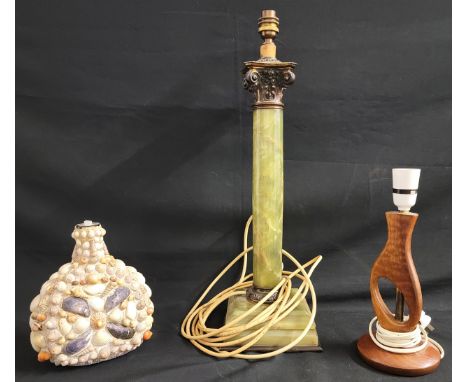 THREE TABLE LAMPSconsisting of a large Onyx column with brass Corinthian capital, raised on square stepped base with trim, 47