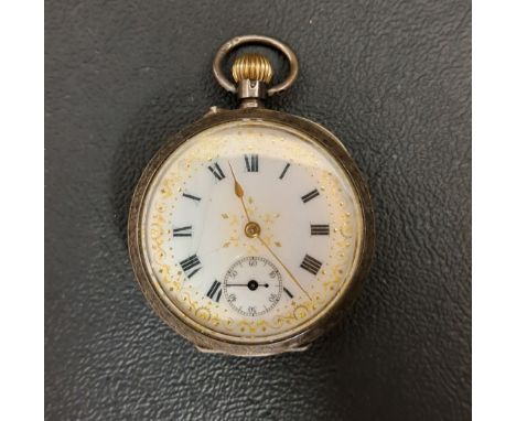 CONTINENTAL SILVER FOB WATCHthe white enamel dial with gilt detail, Roman numerals and subsidiary seconds dial