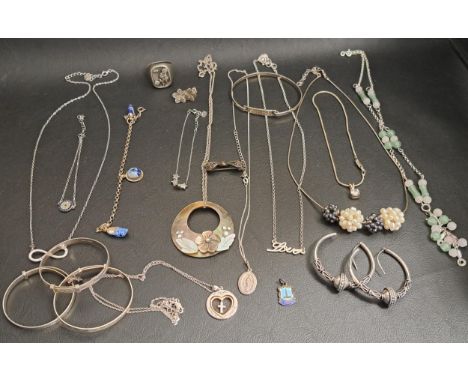 SELECTION OF SILVER JEWELLERYincluding a Love pendant, another with crystal set infinity symbol, a jade coloured bead set nec