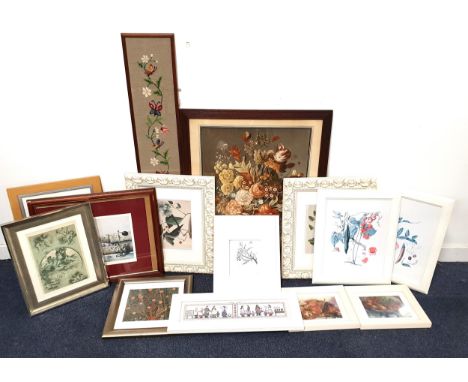 QUANTITY OF PRINTS including large still life print after Joseph Nigg, frame size 83 x 65cm; pair of bird prints in white orn