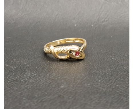 RUBY SET SNAKE DESIGN RINGthe snake with scale detail and ruby set to the centre of the head, in nine carat gold, ring size N
