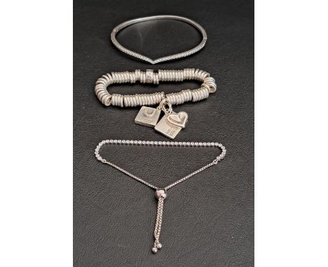 THREE SILVER FASHION BRACELETScomprising a Pandora wishbone bangle (the bangle is misshapen), a Links of London Sweetie brace