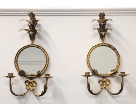 PAIR OF BRASS MIRRORED WALL SCONCESwith elaborate foliage and candlestick holders (2)
