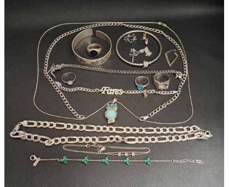 SELECTION OF SILVER JEWELLERYincluding a Pandora style bangle, three rings, two pairs of earrings, an owl pendant on chain, a
