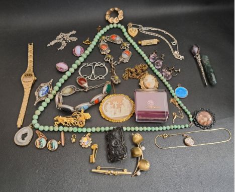 SELECTION OF VINTAGE COSTUME JEWELLERYincluding two agate set bracelets, a graduated jade coloured hardstone bead necklace, c