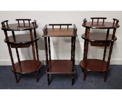 PAIR OF MAHOGANY SIDE TABLES with bobbin gallery, three shelves, single drawer and turned legs; 40 x 82 x 32cm; and a similar