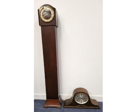 MAHOGANY CASED NAPOLEON HAT MANTEL CLOCKthe silver dial with brass Arabic numerals and chiming movement, 54cm wide; together 
