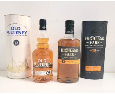 TWO BOTTLES OF SINGLE MALT SCOTCH WHISKY comprising of Highland Park 12 year old, 70cl and 40%, level high shoulder, and Old 