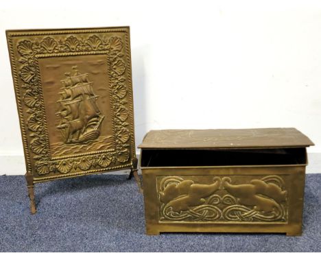 BRASS COAL BOX AND FIRE GUARDthe coal box with embossed Celtic knot decoration; the fire guard with galleon detail