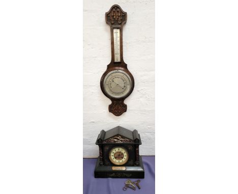 VICTORIAN SLATE AND MARBLE MANTLE CLOCKthe pediment of inlaid marble in inserts of foliate design, the dial with gilt decorat