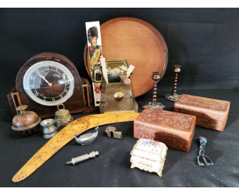 SELECTION OF COLLECTIBLES AND ART DECO MANTLE CLOCKincluding a Arts and Crafts brass candle box, Boomerang, Norwegian Pewter 