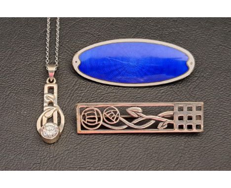 MALCOLM GRAY FOR ORTAK SILVER MACKINTOSH STYLE BROOCHin box; together with a Mackintosh style silver necklace on chain; and a
