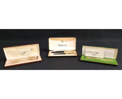 QUANTITY OF VINTAGE PENScomprising a Parker 61 set of fountain pen, rollerball and pencil stamped 12ct RG in box; set of Cros
