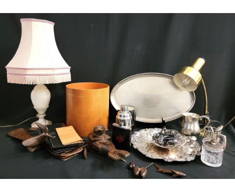 LARGE COLLECTION OF VINTAGE COLLECTIBLESincluding EPNS cruets set, cocktail shaker, leather embossed paper bin, leather tray,