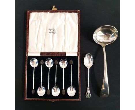 SET OF SIX SILVER COFFEE BEAN SPOONS Docker & Burn Birmingham 1931, in fitted case; with silver spoon with Shamrock and horse