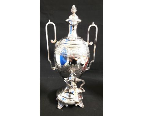 SILVER PLATED TEA URN BY JOHN DEAKIN & SONSthe cover with foliate finial, with twin handles and grape and vine repeated etchi