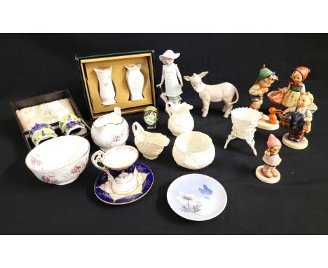 SELECTION OF VINTAGE DECORATIVE CERAMICSincluding boxed Belleek posy vases, Belleek jug and bowl, various Goebel Hummel figur