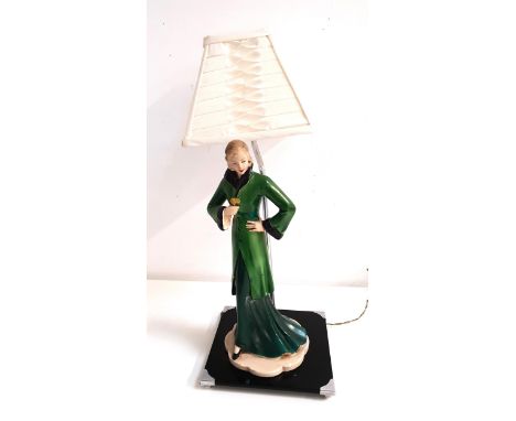 ART DECO FIGURAL TABLE LAMPthe ceramic female figure in stylish green attire, raised on black vitrolite base with chrome ball