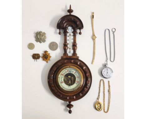 SELECTION OF COLLECTABLEScomprising a small mahogany cased wall barometer, an Ingersoll pocket watch and Albert chain, a Serv