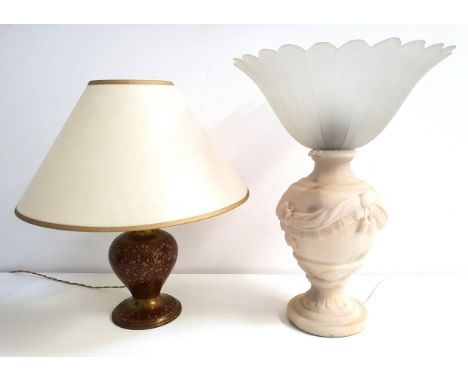 ENAMEL DECORATED BRASS TABLE LAMPwith shade, 44cm high (including shade); together with an alabaster effect urn shaped table 