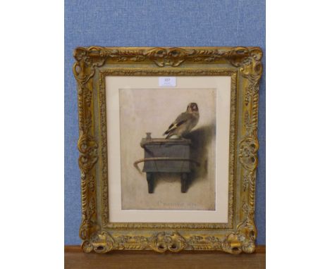 A Carel Fabritius print, Goldfinch, framed 