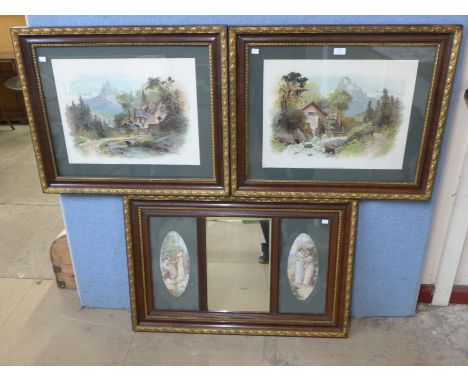 A pair of landscape prints and a triptych mirror/print 