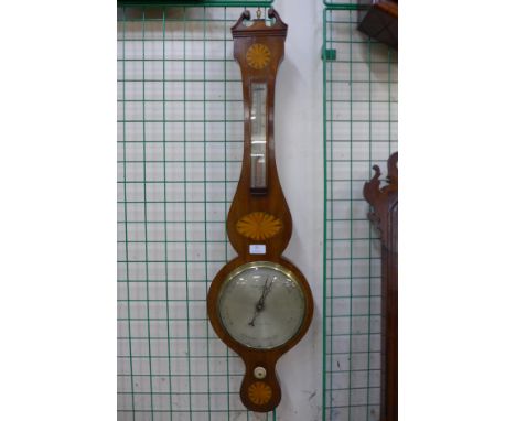 A George III inlaid mahogany banjo barometer, the silvered dial signed J.M. Ronketti, No. 6 Peter Street, Bloomsbury 