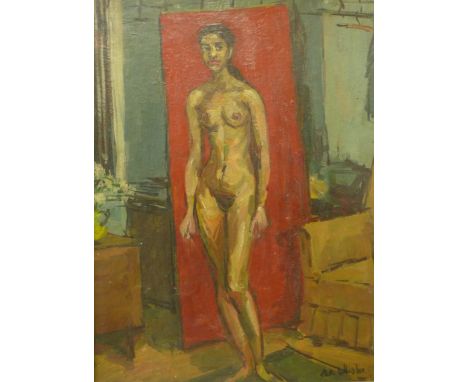 Peter Collins, portrait of a female nude, oil on board, 49 x 36cms, framed 