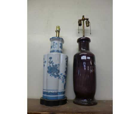 A Chinese style table lamp and an amethyst glass table lamp 