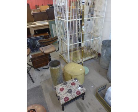 An onyx standard lamp, ottoman, sewing box and a stick stand 
