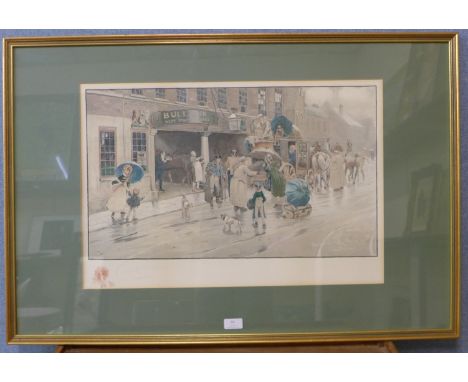 A signed Cecil Charles Windsor Aldin print, The Dover Road, The Bull At Dartford, with Lawrence &amp; Bullen Ltd. blind stamp