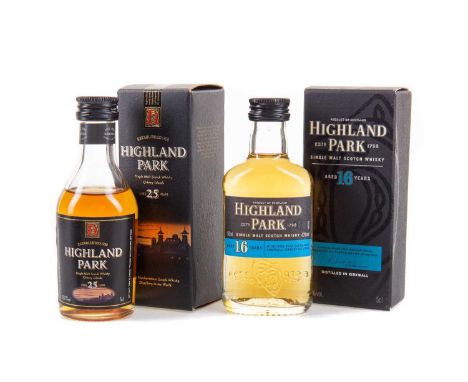 2 HIGHLAND PARK MINIATURES - 25 YEAR OLD AND 16 YEAR OLD ISLAND SINGLE MALT Orkney’s Highland Park distillery is situated in 