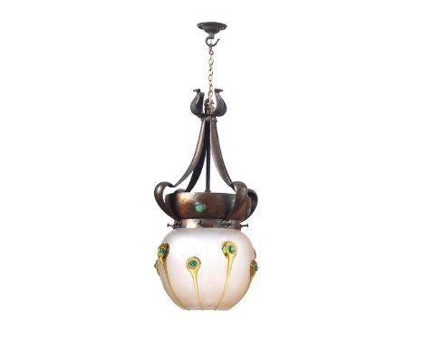 ARTS & CRAFTS HAMMER BEATEN COPPER & GLASS LIGHT FITTING WITH ENAMEL STUDS.HEIGHT: 20 INCHES.DIAMETER: 11 INCHES.WARE TO COPP