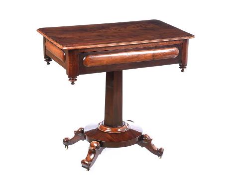 WILLIAM IV MAHOGANY LAMP TABLE FITTED WITH ONE DRAWER WITH TURNED COLUMN WITH PLATFORM BASE. RAISED ON FOUR SCROLLED LEGS.HEI