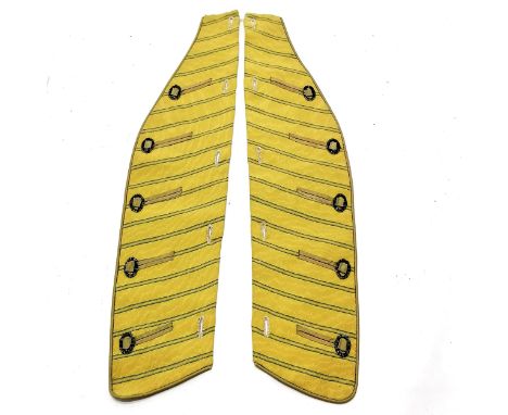 Yellow cloth collar in 2 halves with gold silk silver thread on button holes, 11 cm wide x 46 cm length.