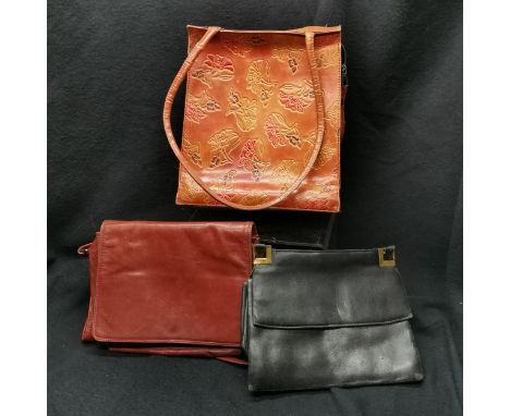3 Vintage bags in black, brown and tooled tan - black has damage to handle 