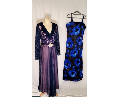 2 1960s Vintage dresses 1 blue cut satin and chiffon rose decoration by California other is satin blue and black pattern. 96c