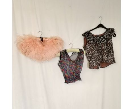 1930s Floral chiffon blouse t/w pink marabou shoulder cape &amp; later skin pattern sleeveless blouse - floral is 84cm bust, 