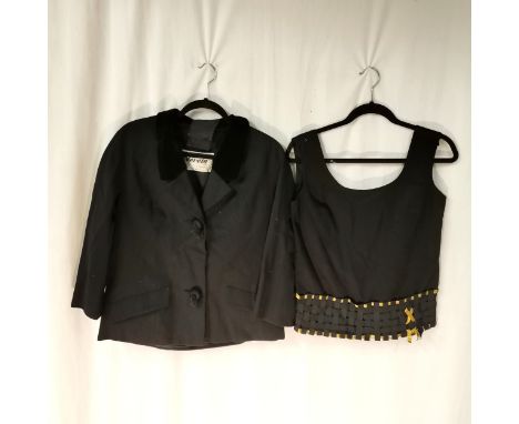 1 1950s Black jacket by Dorita with velvet collar and fancy button measuring 102cm bust t/w black top trimmed with gold ribbo