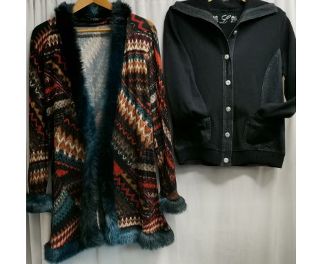 Vintage patterned unlined jacket with teal faux fur trim by James Lakeland t/w navy wool and denim jacket with silver top sti