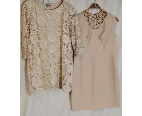 2 1960s dresses, one mini cream lace by Chelsea Girl bust 100cm t/w light crimplene dress with coil work detail  94cm bust bo