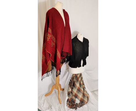 Black 1930s short sleeved blouse t/w red and beige cape and check and brown shawl - used condition 