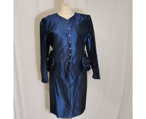 1960's Ungara Parellele Paris blue silk 2 piece skirt and button front top Size 12 - no obvious damage 
