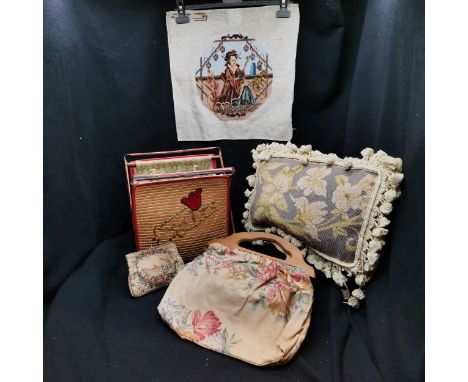 Sewing basket t/w needlework bag t/w tapestry cushion &amp; tapestry depicting oriental figure 